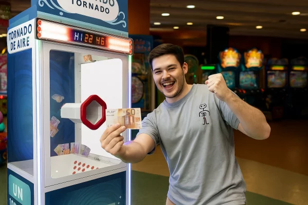 Joven jugando al gancho de aire salón de juegos